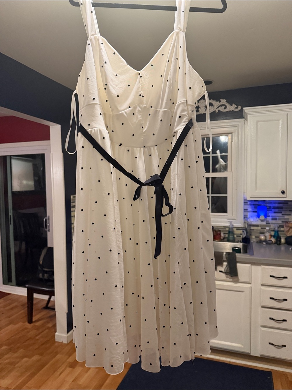 Retro Chic Cream Polka Dot Midi Dress with Black Tie